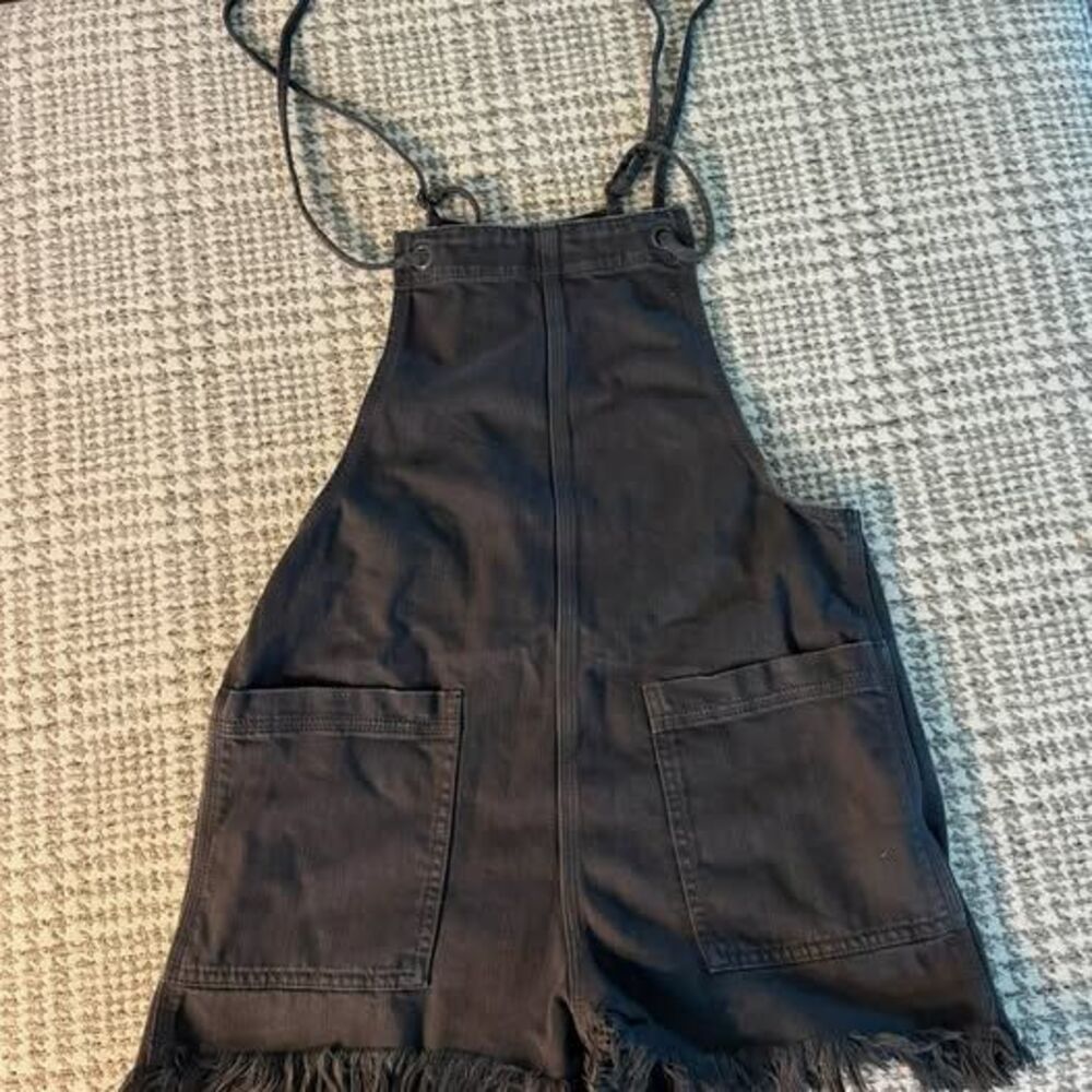 Aerie Black Denim Short Overalls with Frayed Hem size XS